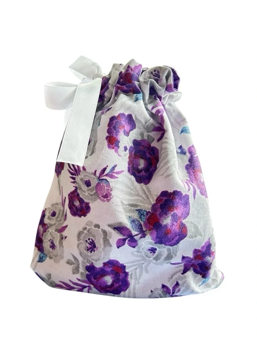 Hand Crafted Purple Floral Lined Fabric Gift Bag Reusable EcoFriendly Drawstring